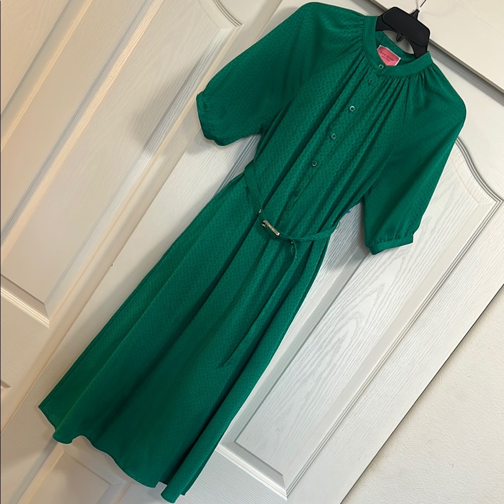 kate spade “Fluid Jacquard” Green Midi Dress with Mandarin Collar sz XS